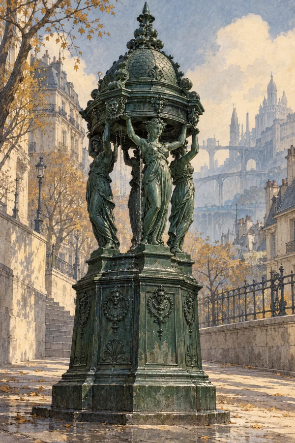 Illustration eines Pariser Wallace-Brunnens mit vier Karyatiden
